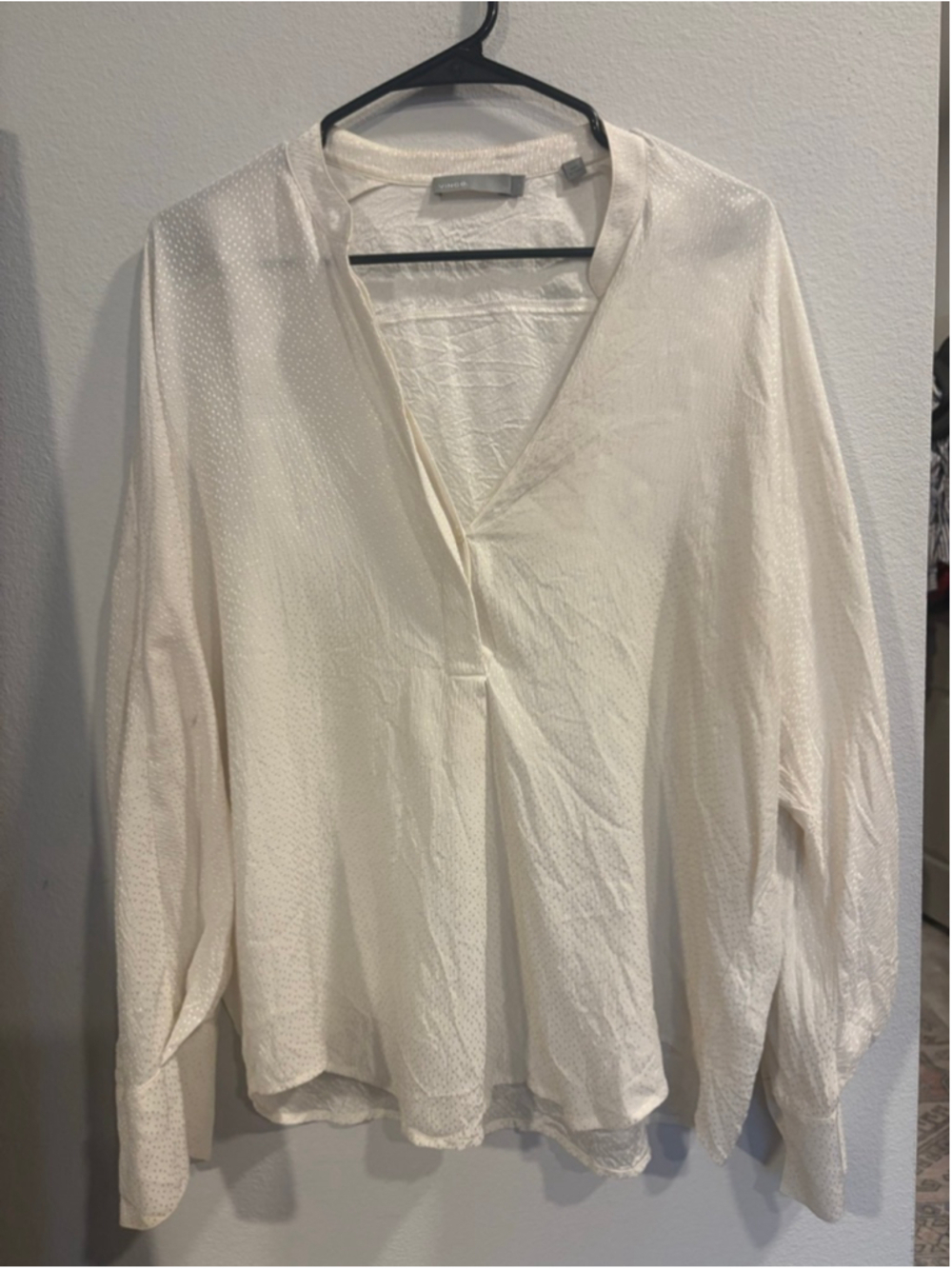Vince White Crinkle Textured Split V-Neck Popover Blouse Large